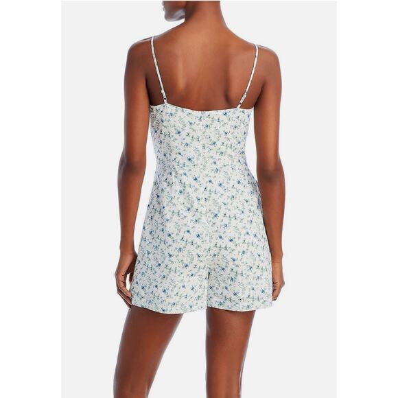 Aqua Womens Linen Blend Sleeveless Floral Print V Neck Romper SIze XL White Blue - Picture 2 of 11
